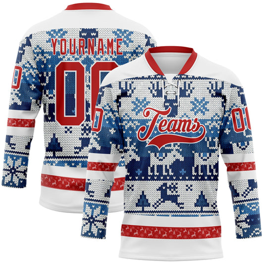 Custom Blue Red-White 3D Christmas Ugly Sweater Hockey Lace Neck Jersey - Main View