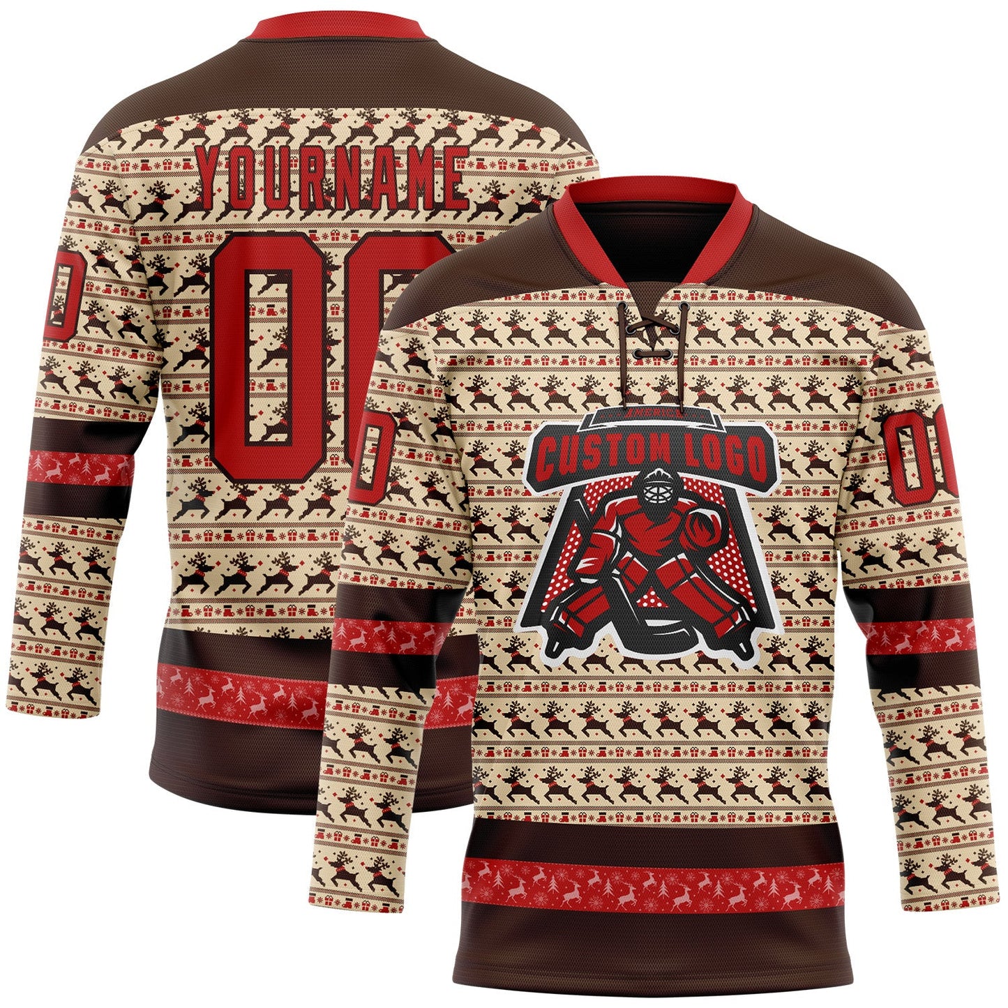 Custom City Cream Red-Brown 3D Christmas Hockey Lace Neck Jersey view 2