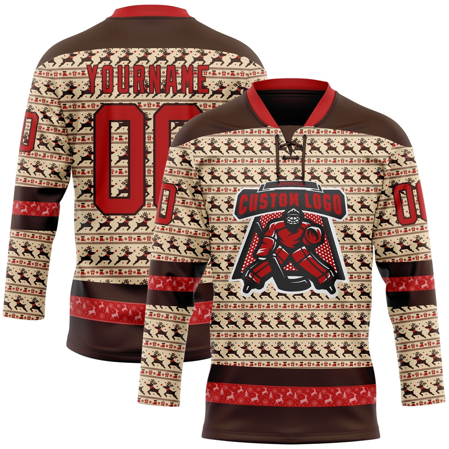 Custom City Cream Red-Brown 3D Christmas Hockey Lace Neck Jersey view 2