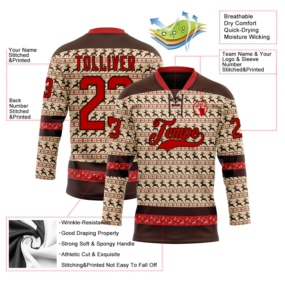 Custom City Cream Red-Brown 3D Christmas Hockey Lace Neck Jersey view 3