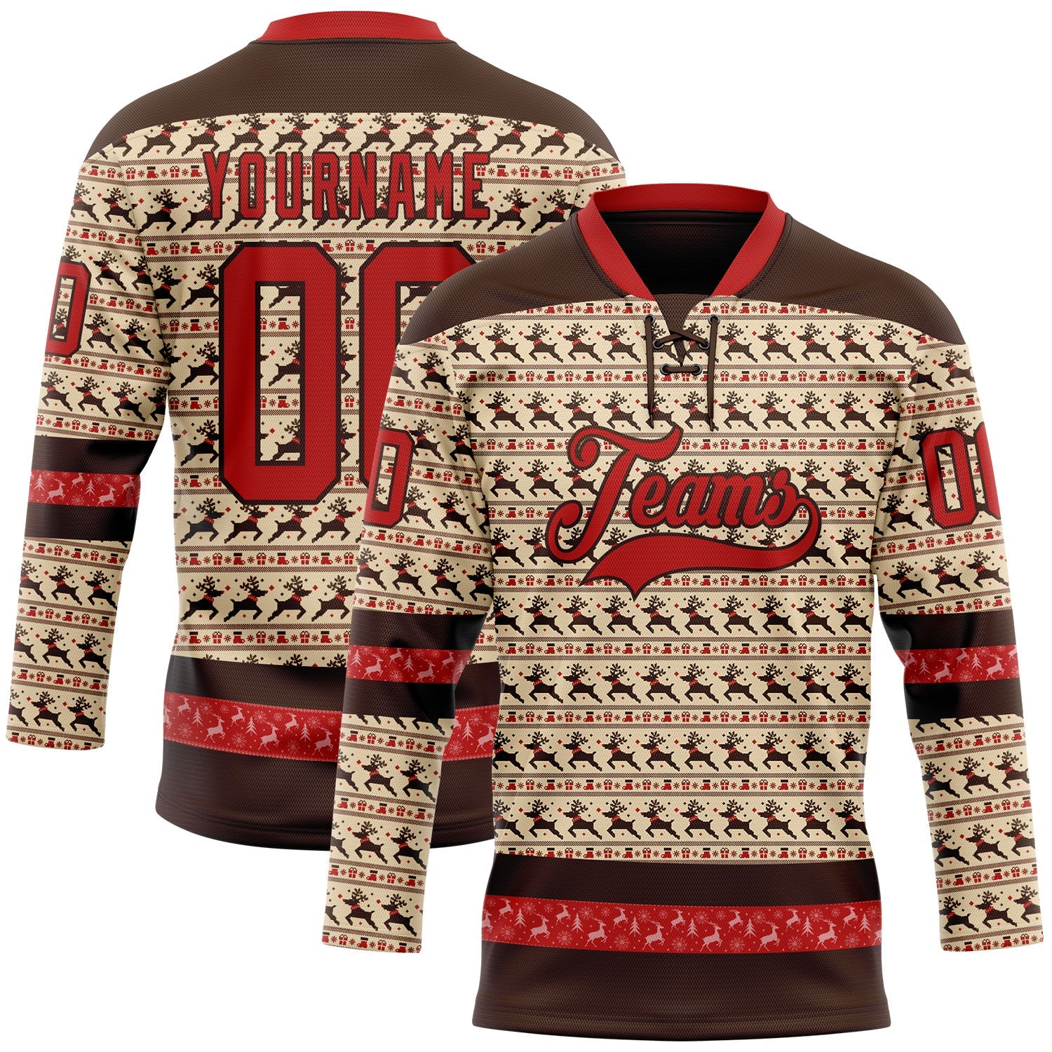 Custom City Cream Red-Brown 3D Christmas Hockey Lace Neck Jersey - Main View