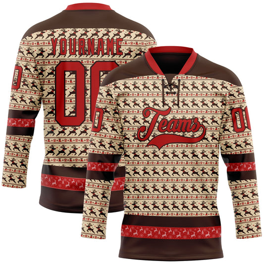 Custom City Cream Red-Brown 3D Christmas Hockey Lace Neck Jersey - Main View