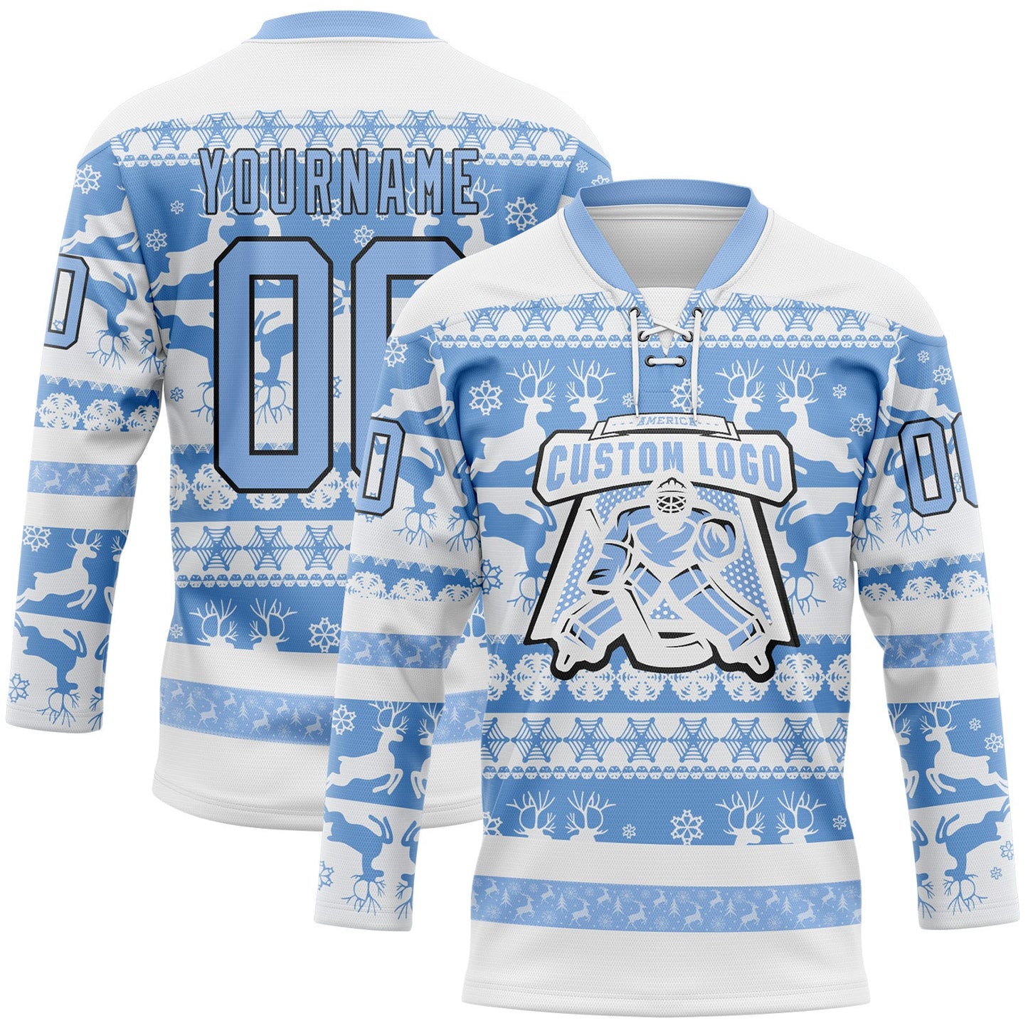 Custom White Light Blue-Black 3D Christmas Ugly Sweater Hockey Lace Neck Jersey view 2