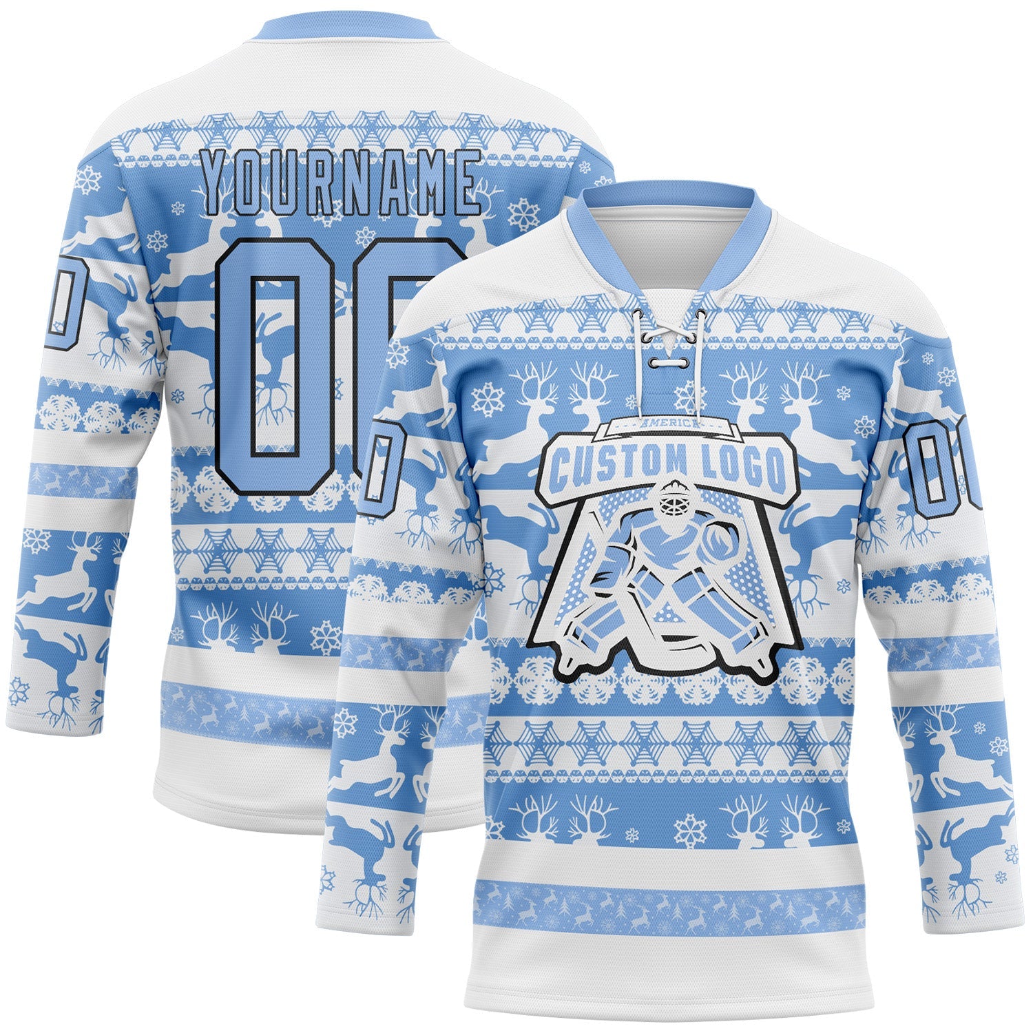 Custom White Light Blue-Black 3D Christmas Ugly Sweater Hockey Lace Neck Jersey view 2
