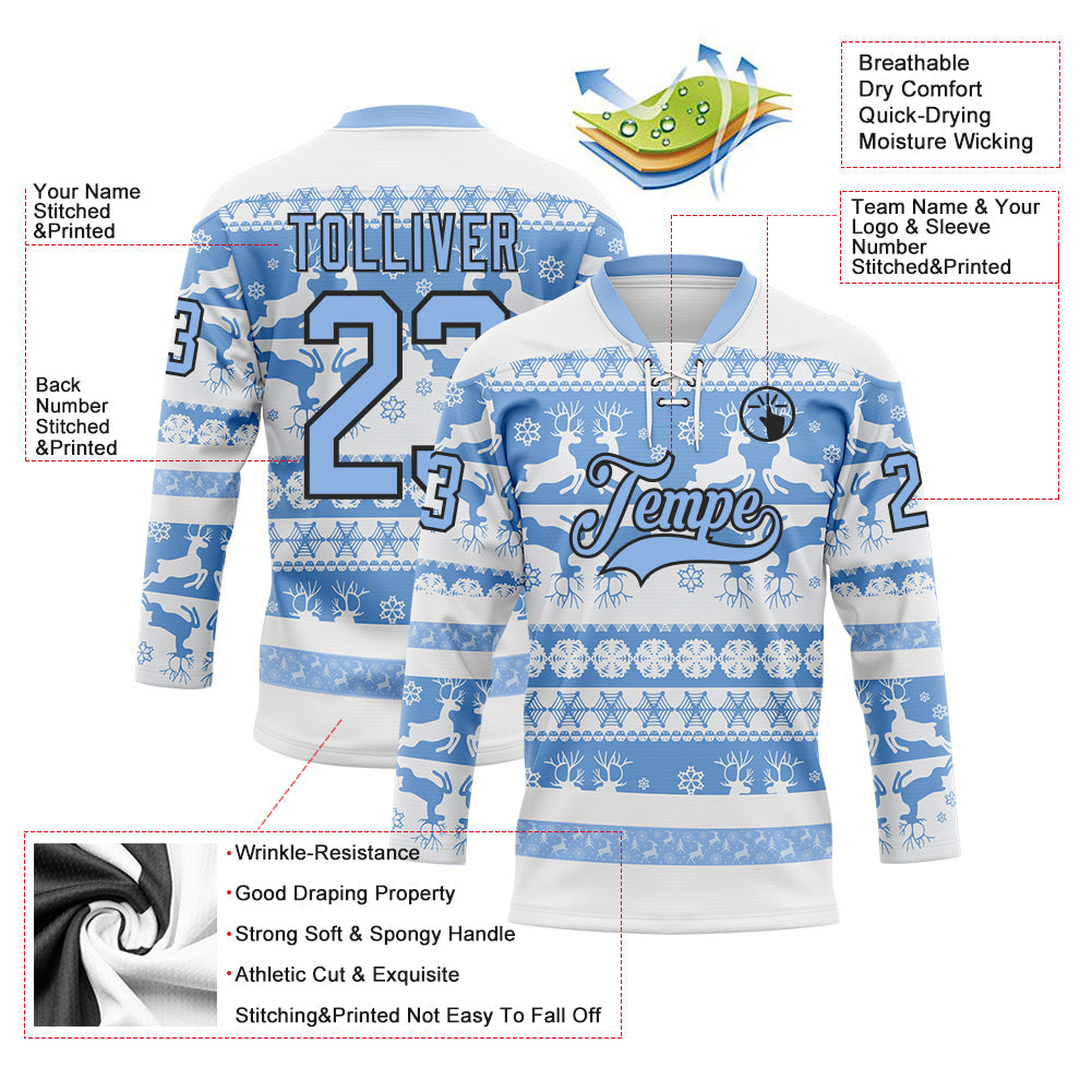 Custom White Light Blue-Black 3D Christmas Ugly Sweater Hockey Lace Neck Jersey view 3