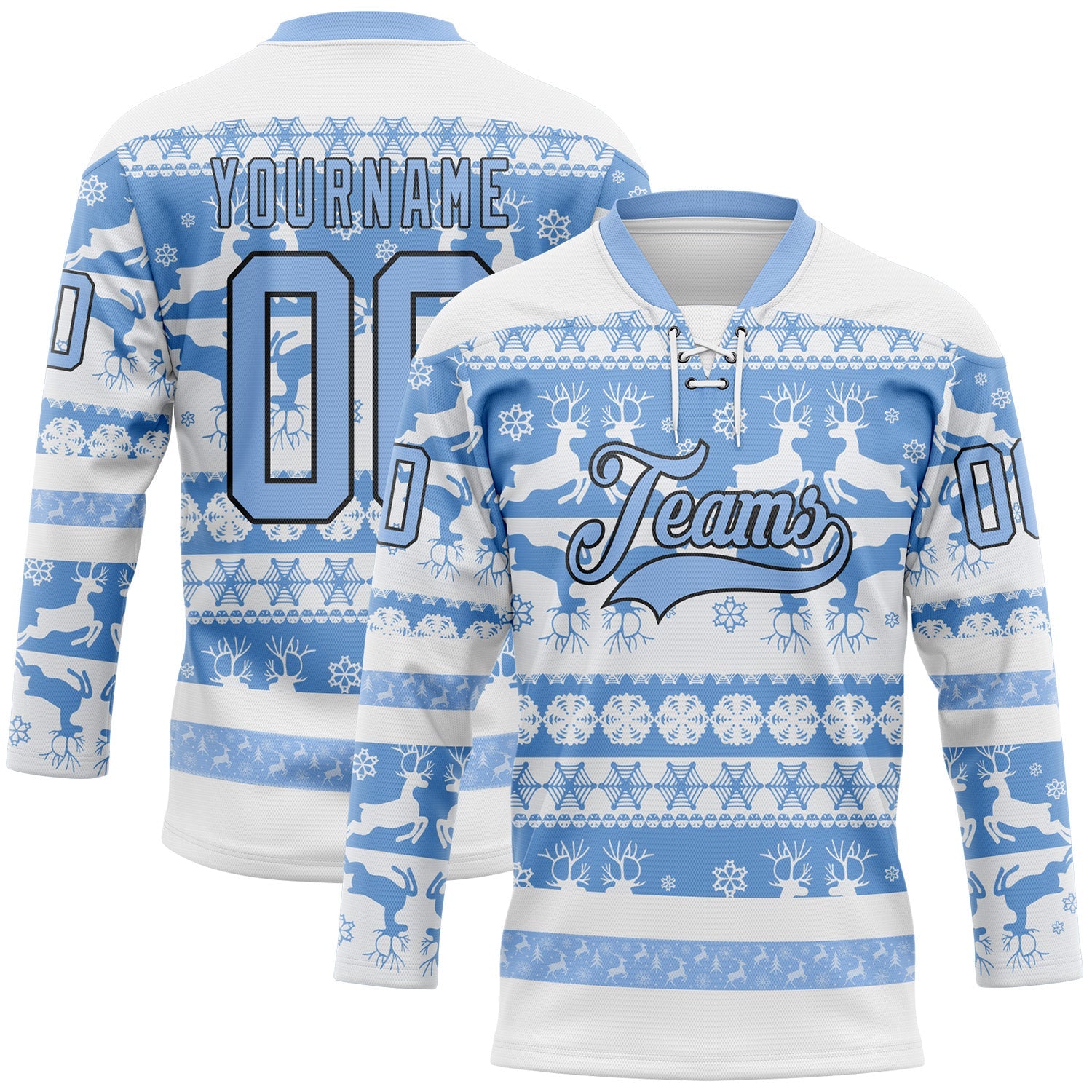 Custom White Light Blue-Black 3D Christmas Ugly Sweater Hockey Lace Neck Jersey - Main View