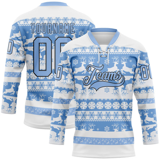 Custom White Light Blue-Black 3D Christmas Ugly Sweater Hockey Lace Neck Jersey - Main View