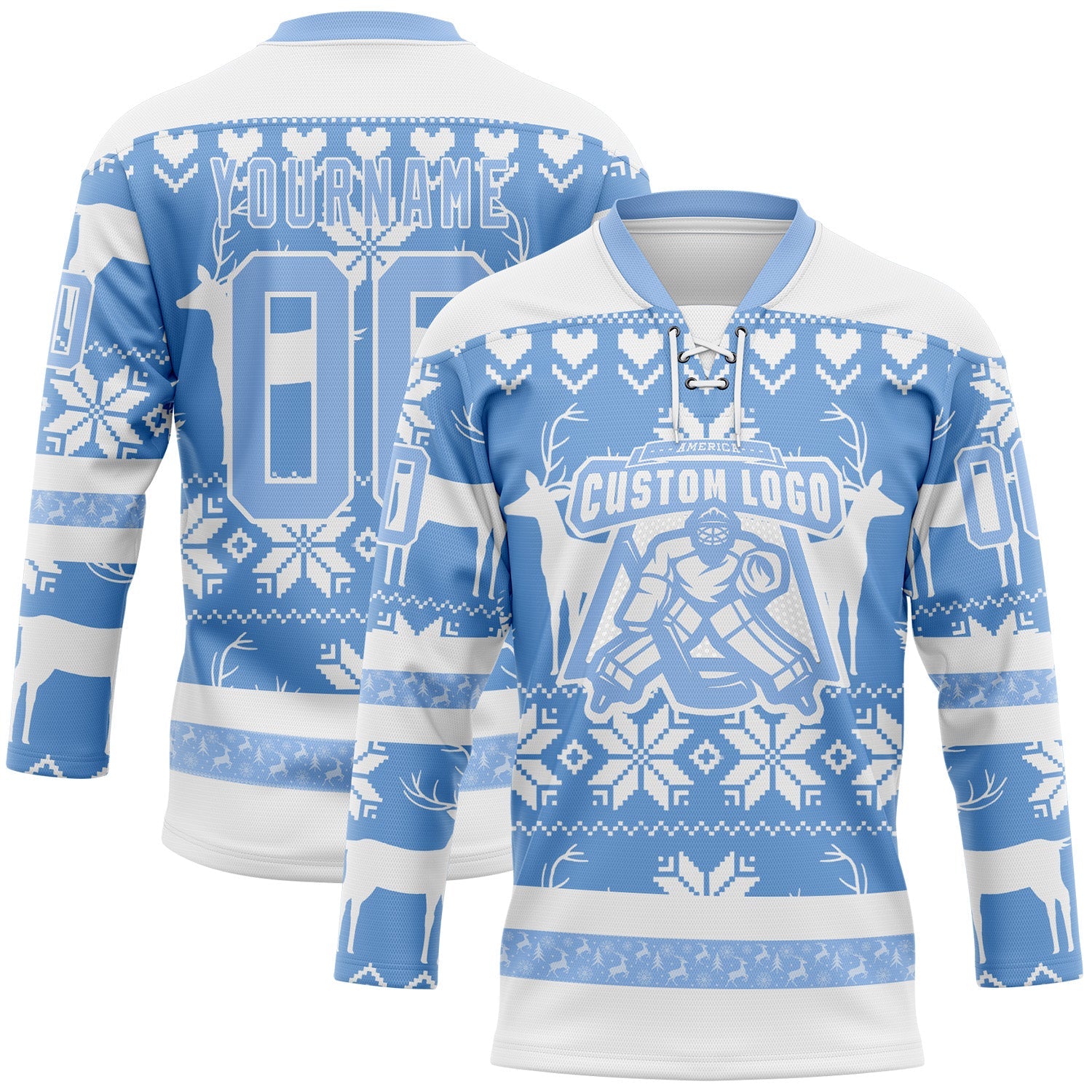 Custom White Light Blue-White 3D Christmas Ugly Sweater Hockey Lace Neck Jersey view 2