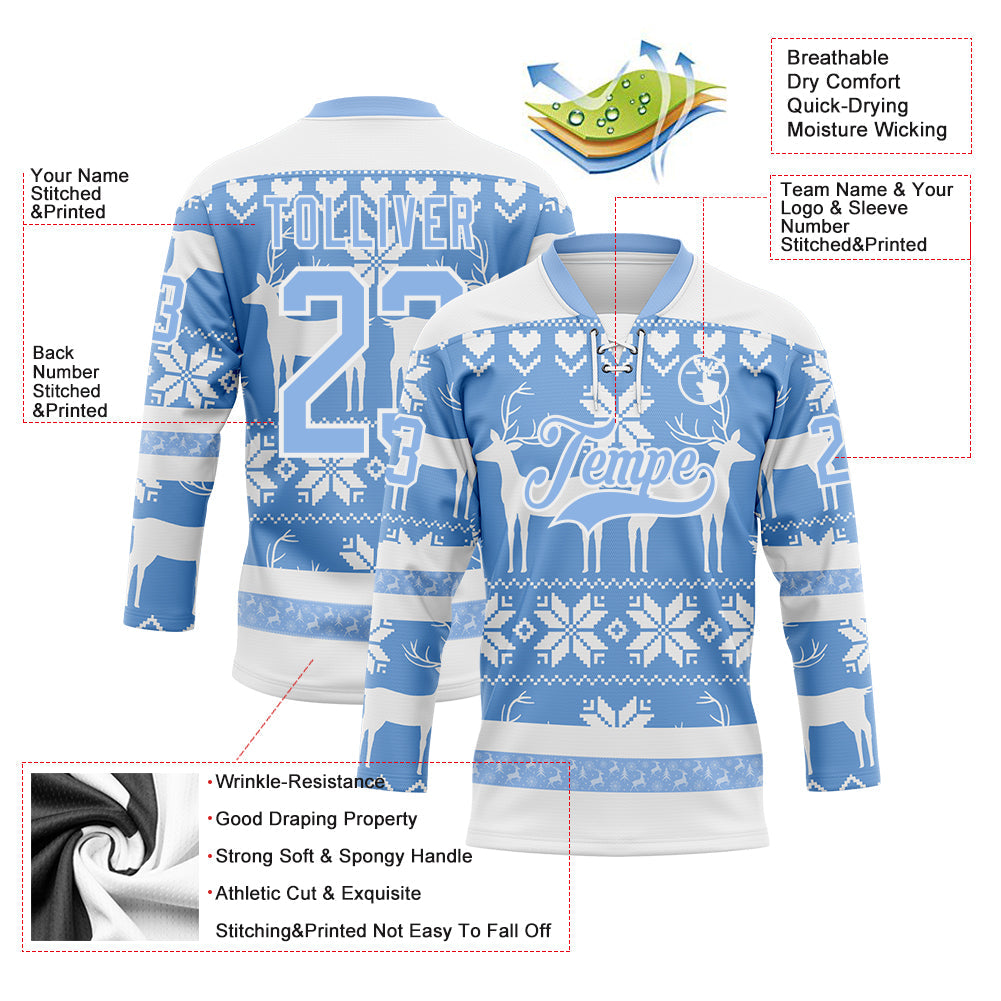 Custom White Light Blue-White 3D Christmas Ugly Sweater Hockey Lace Neck Jersey view 3