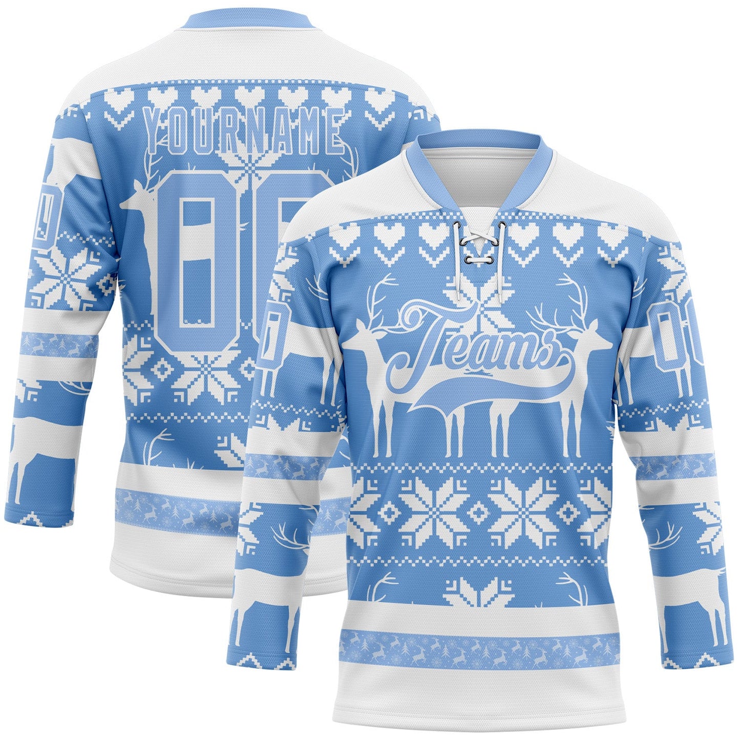 Custom White Light Blue-White 3D Christmas Ugly Sweater Hockey Lace Neck Jersey - Main View
