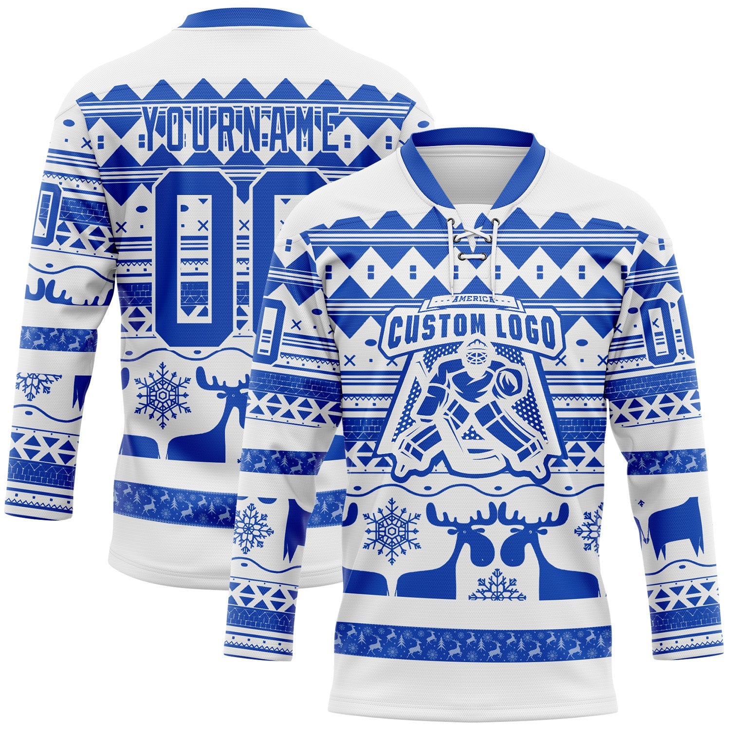 Custom White Thunder Blue-White 3D Christmas Ugly Sweater Hockey Lace Neck Jersey view 2