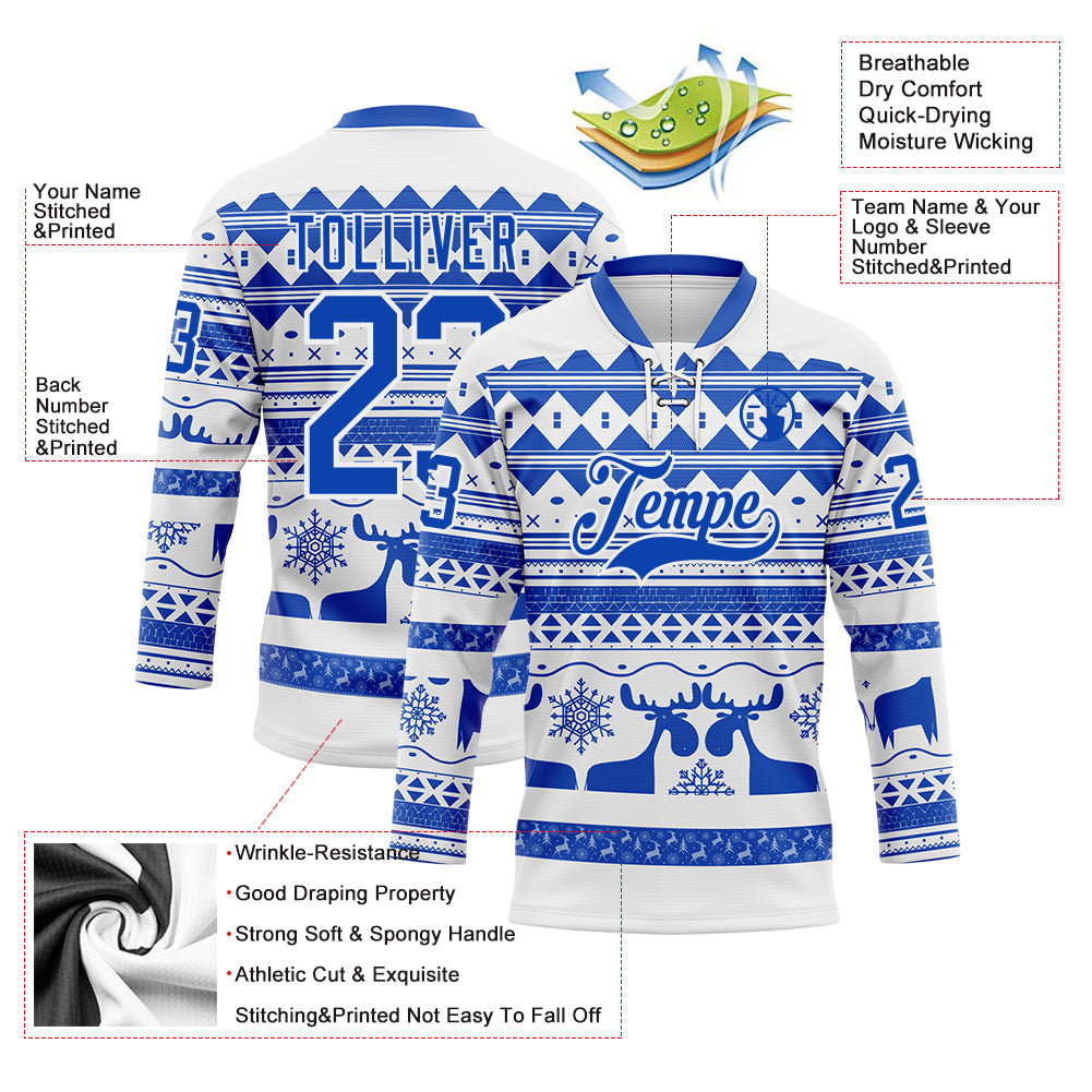Custom White Thunder Blue-White 3D Christmas Ugly Sweater Hockey Lace Neck Jersey view 3