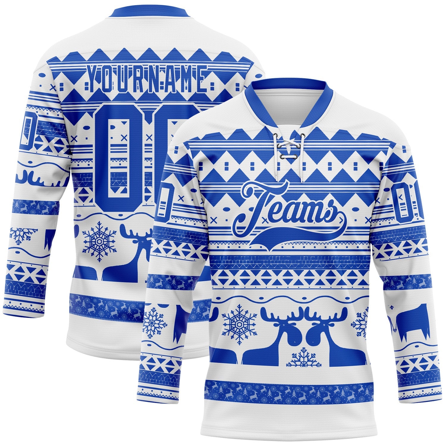 Custom White Thunder Blue-White 3D Christmas Ugly Sweater Hockey Lace Neck Jersey - Main View
