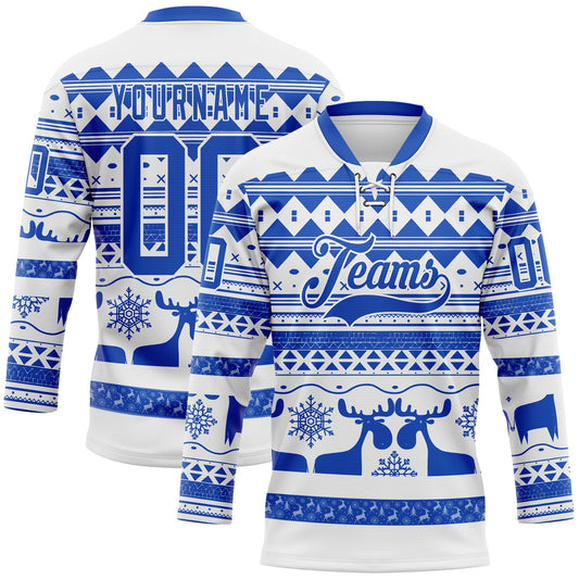 Custom White Thunder Blue-White 3D Christmas Ugly Sweater Hockey Lace Neck Jersey - Main View