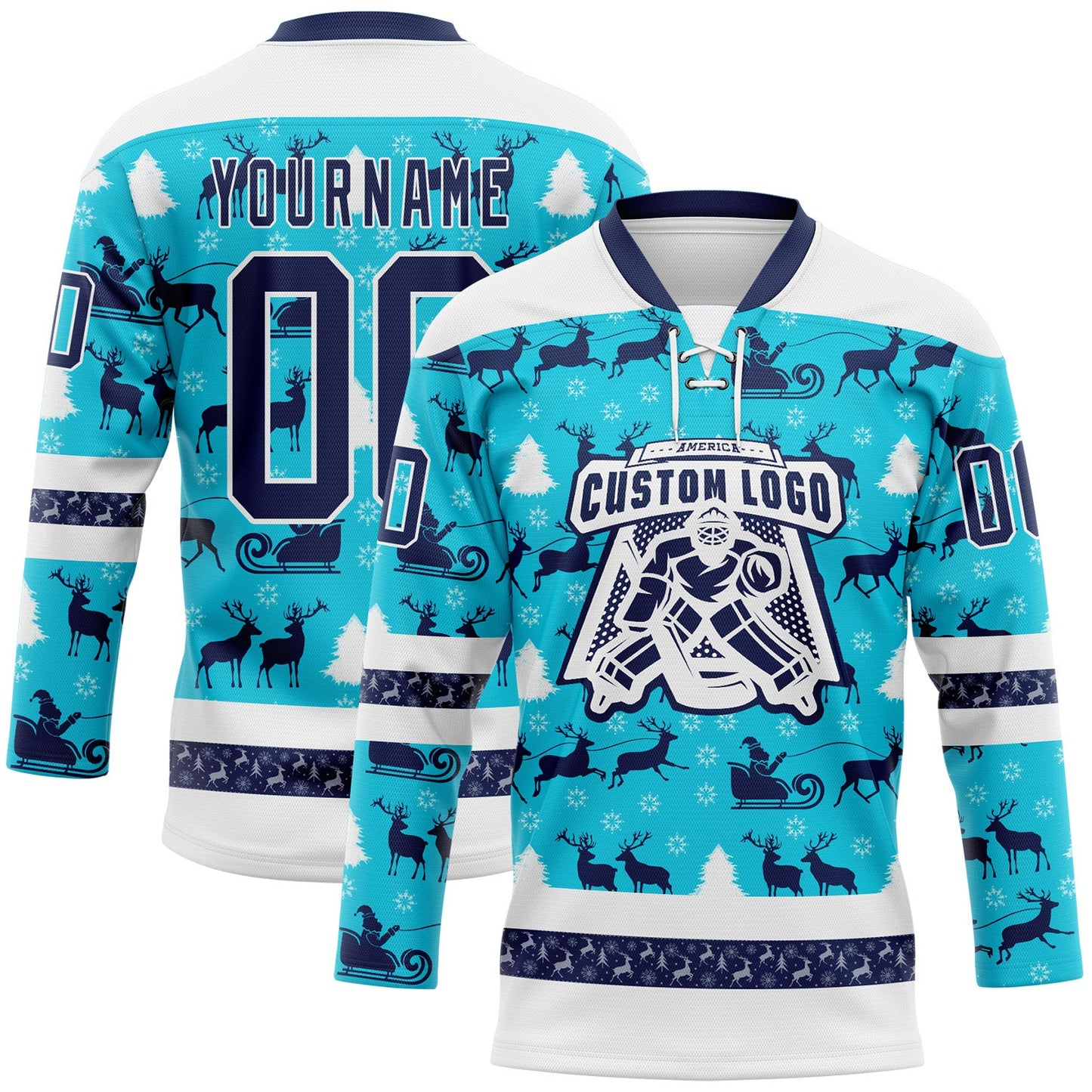 Custom Lakes Blue Navy-White 3D Christmas Hockey Lace Neck Jersey view 2