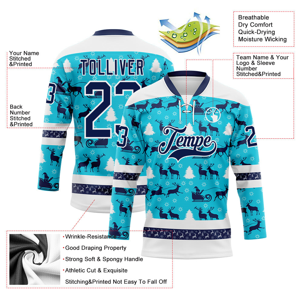 Custom Lakes Blue Navy-White 3D Christmas Hockey Lace Neck Jersey view 3