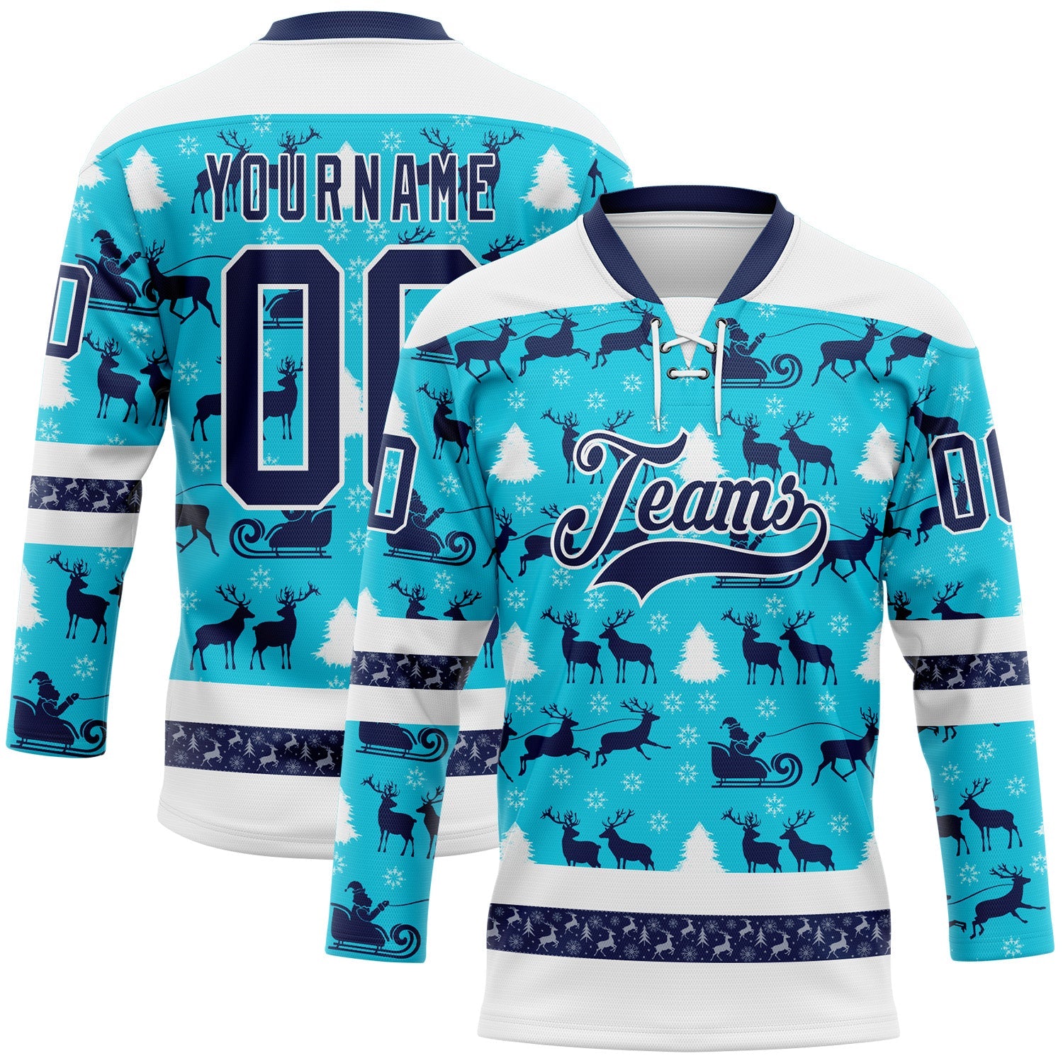 Custom Lakes Blue Navy-White 3D Christmas Hockey Lace Neck Jersey - Main View