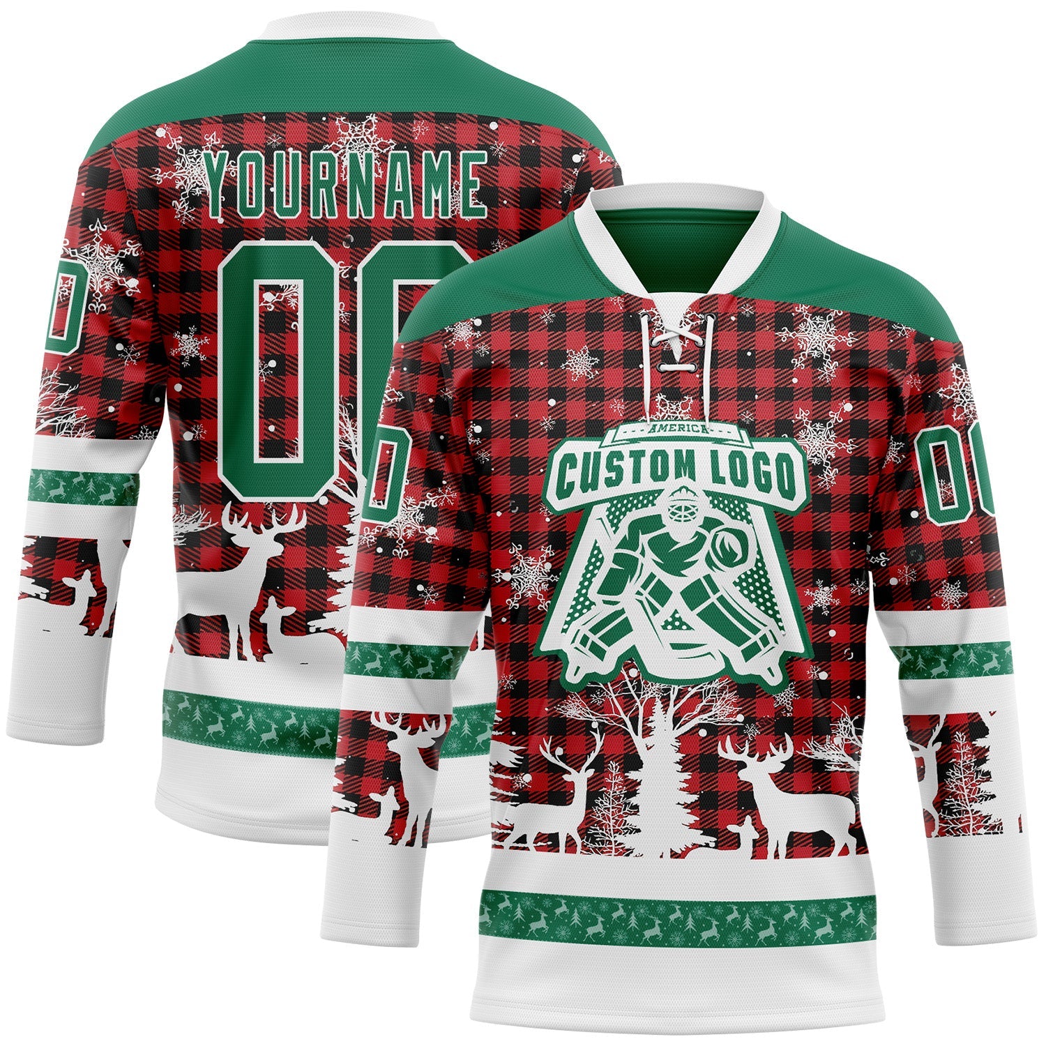 Custom Red Kelly Green-White 3D Christmas Plaid Hockey Lace Neck Jersey view 2