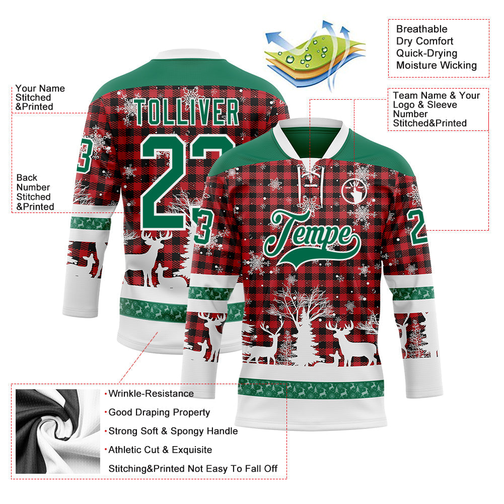Custom Red Kelly Green-White 3D Christmas Plaid Hockey Lace Neck Jersey view 3