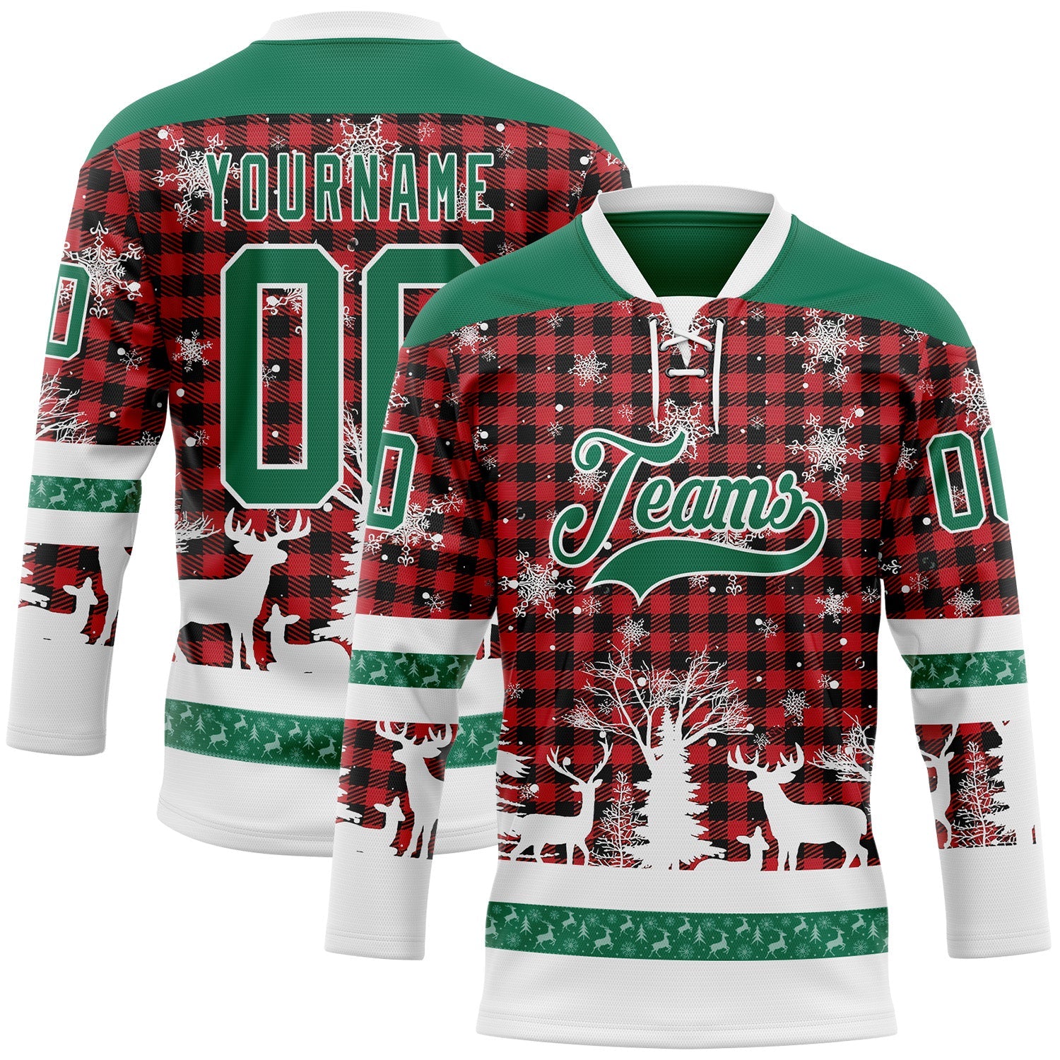 Custom Red Kelly Green-White 3D Christmas Plaid Hockey Lace Neck Jersey - Main View