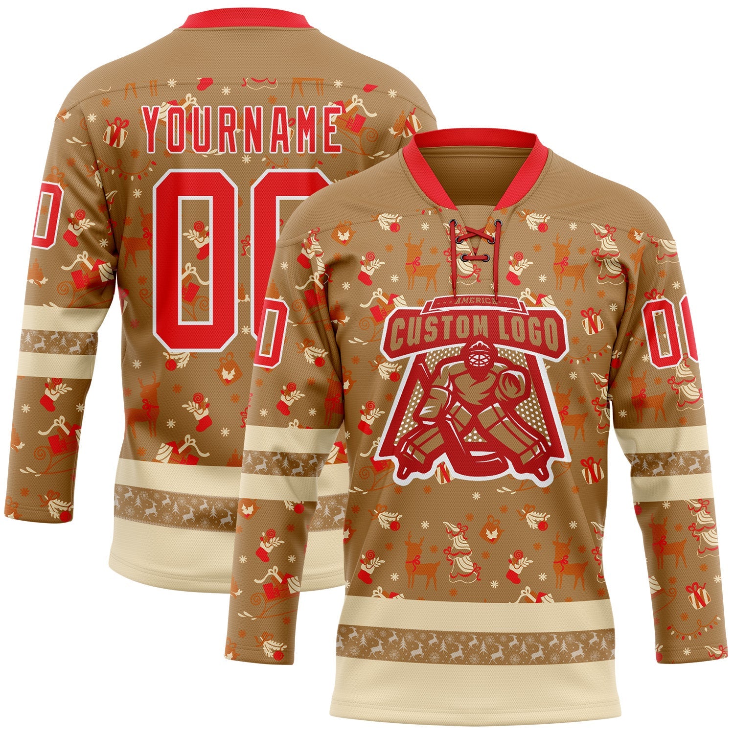Custom Old Gold Fire Red-White 3D Christmas Hockey Lace Neck Jersey view 2