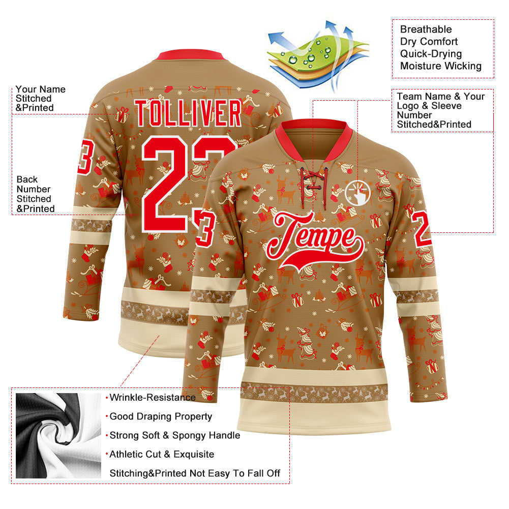 Custom Old Gold Fire Red-White 3D Christmas Hockey Lace Neck Jersey view 3