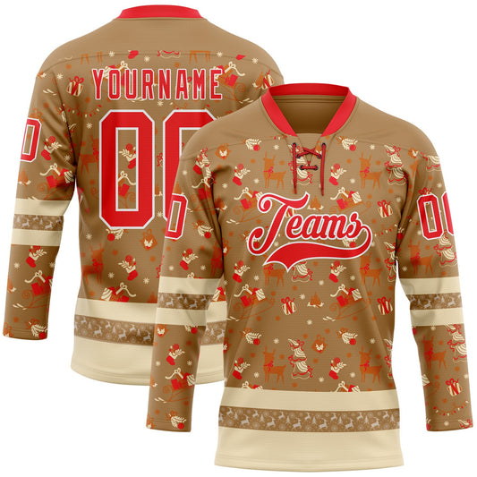 Custom Old Gold Fire Red-White 3D Christmas Hockey Lace Neck Jersey - Main View
