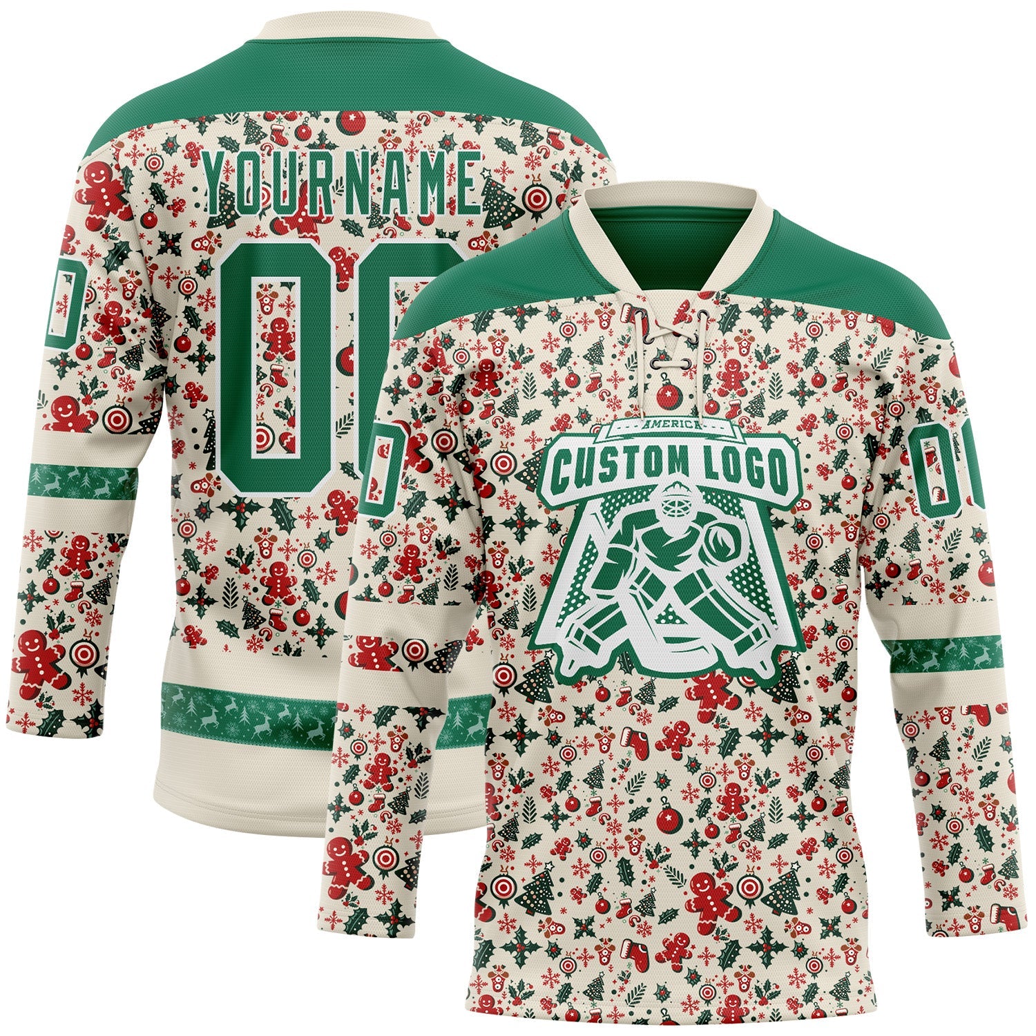 Custom Cream Kelly Green-White 3D Christmas Hockey Lace Neck Jersey view 2