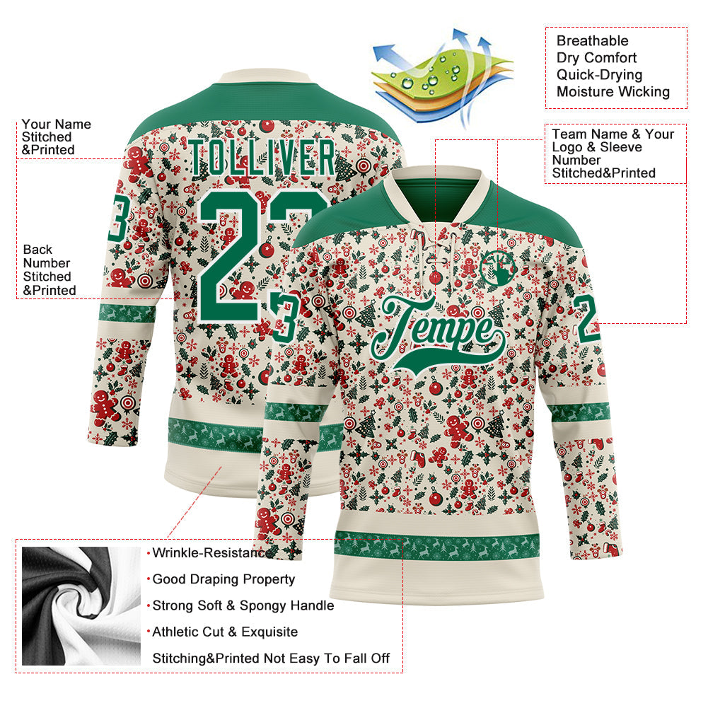 Custom Cream Kelly Green-White 3D Christmas Hockey Lace Neck Jersey view 3