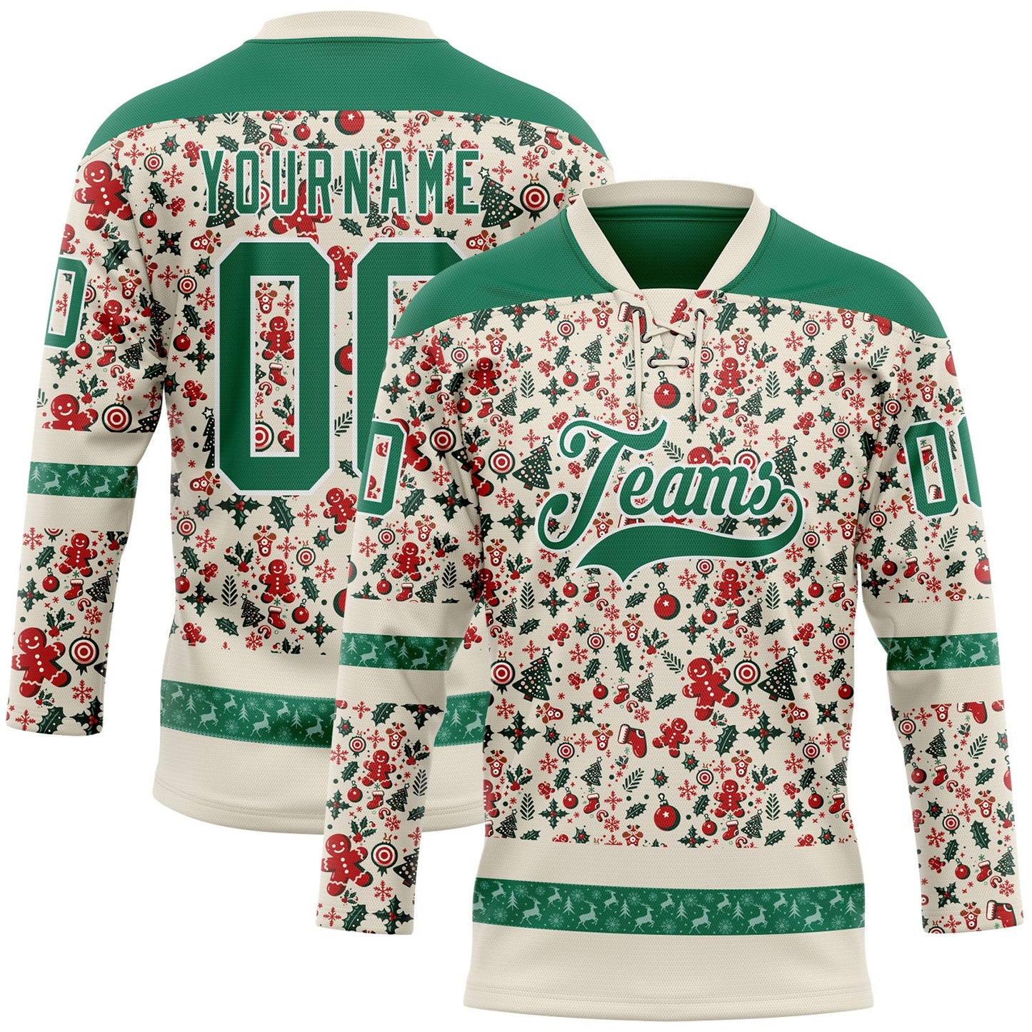 Custom Cream Kelly Green-White 3D Christmas Hockey Lace Neck Jersey - Main View