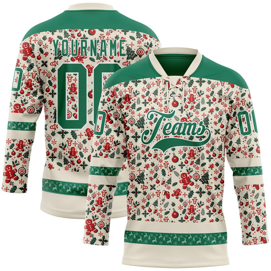 Custom Cream Kelly Green-White 3D Christmas Hockey Lace Neck Jersey - Main View