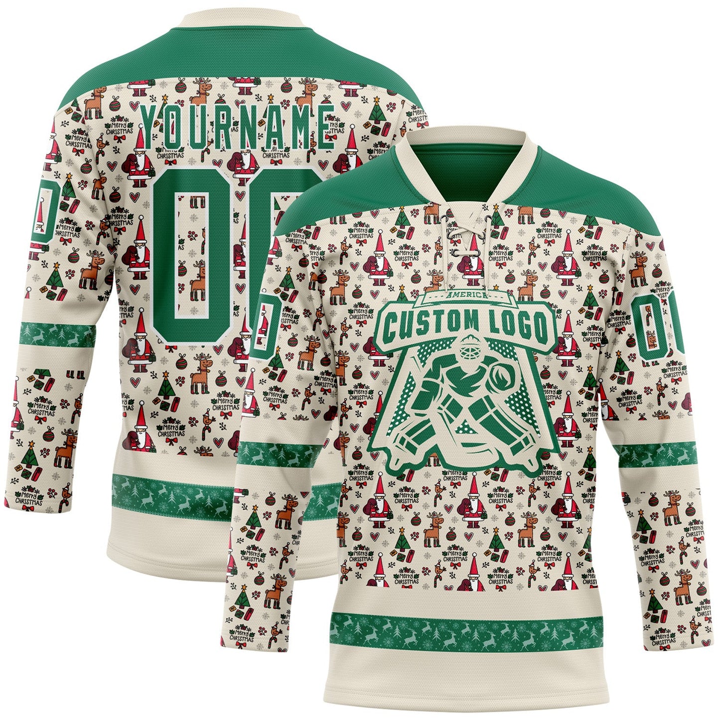 Custom Cream Kelly Green-White 3D Christmas Hockey Lace Neck Jersey view 2