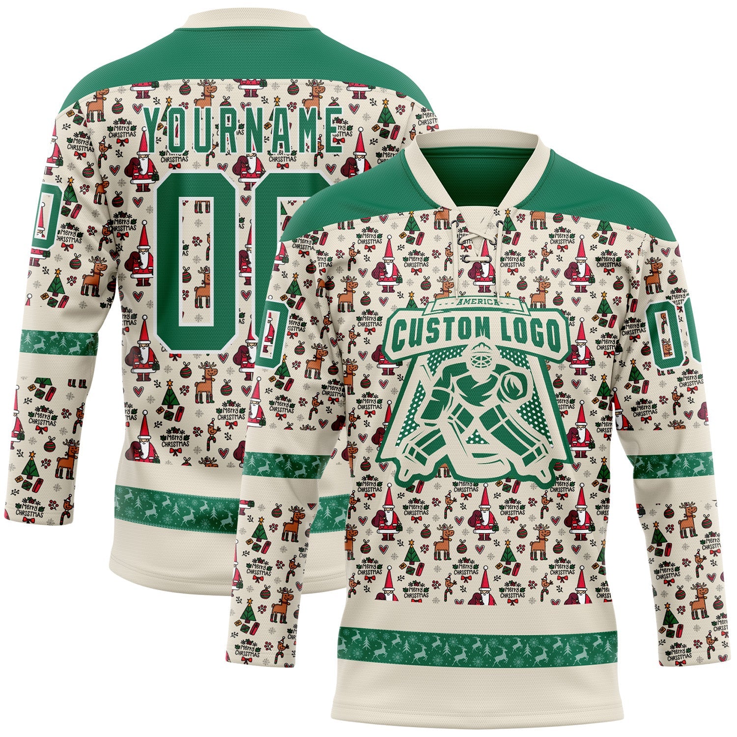 Custom Cream Kelly Green-White 3D Christmas Hockey Lace Neck Jersey view 2