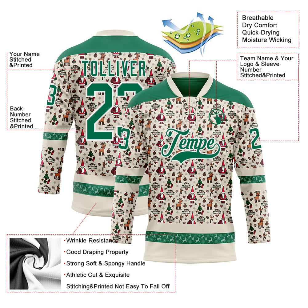 Custom Cream Kelly Green-White 3D Christmas Hockey Lace Neck Jersey view 3