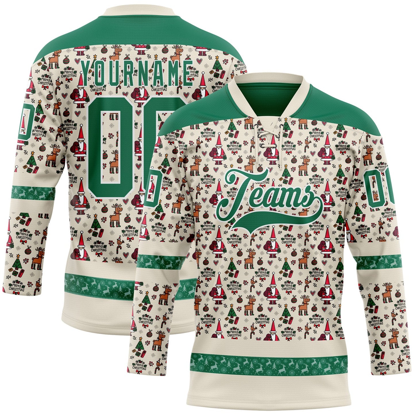 Custom Cream Kelly Green-White 3D Christmas Hockey Lace Neck Jersey - Main View