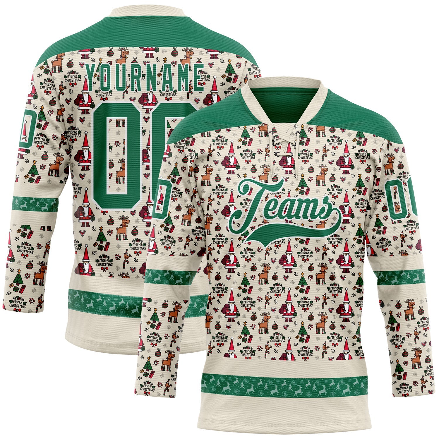 Custom Cream Kelly Green-White 3D Christmas Hockey Lace Neck Jersey - Main View