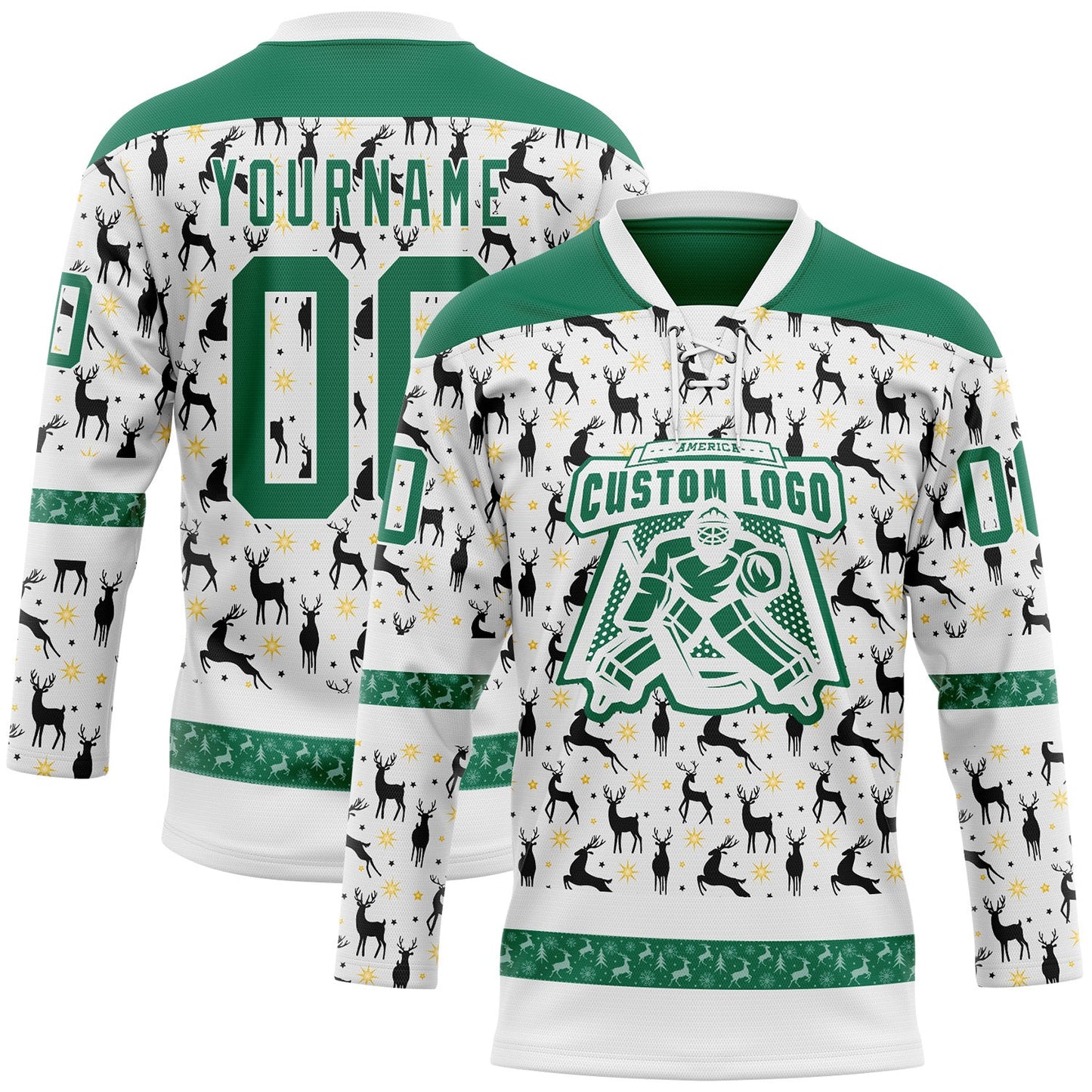 Custom White Kelly Green-White 3D Christmas Hockey Lace Neck Jersey view 2