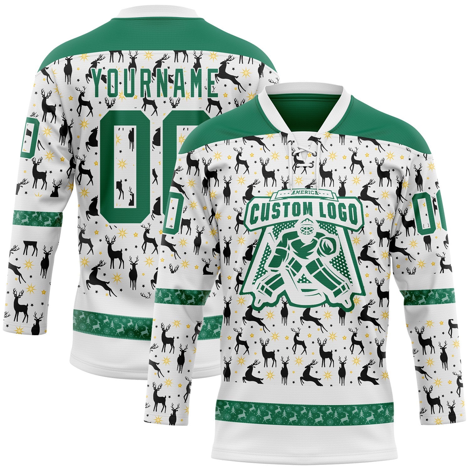 Custom White Kelly Green-White 3D Christmas Hockey Lace Neck Jersey view 2