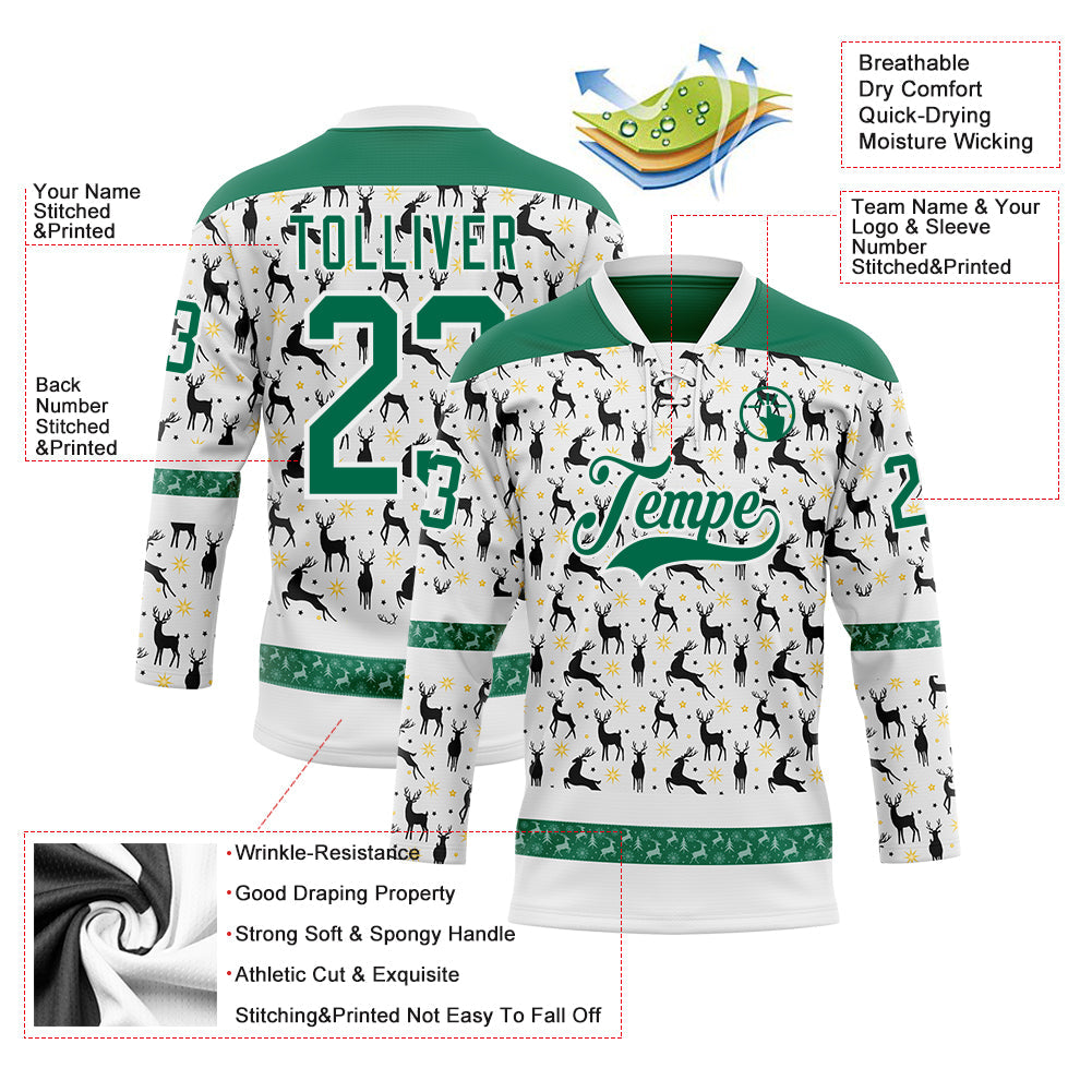 Custom White Kelly Green-White 3D Christmas Hockey Lace Neck Jersey view 3