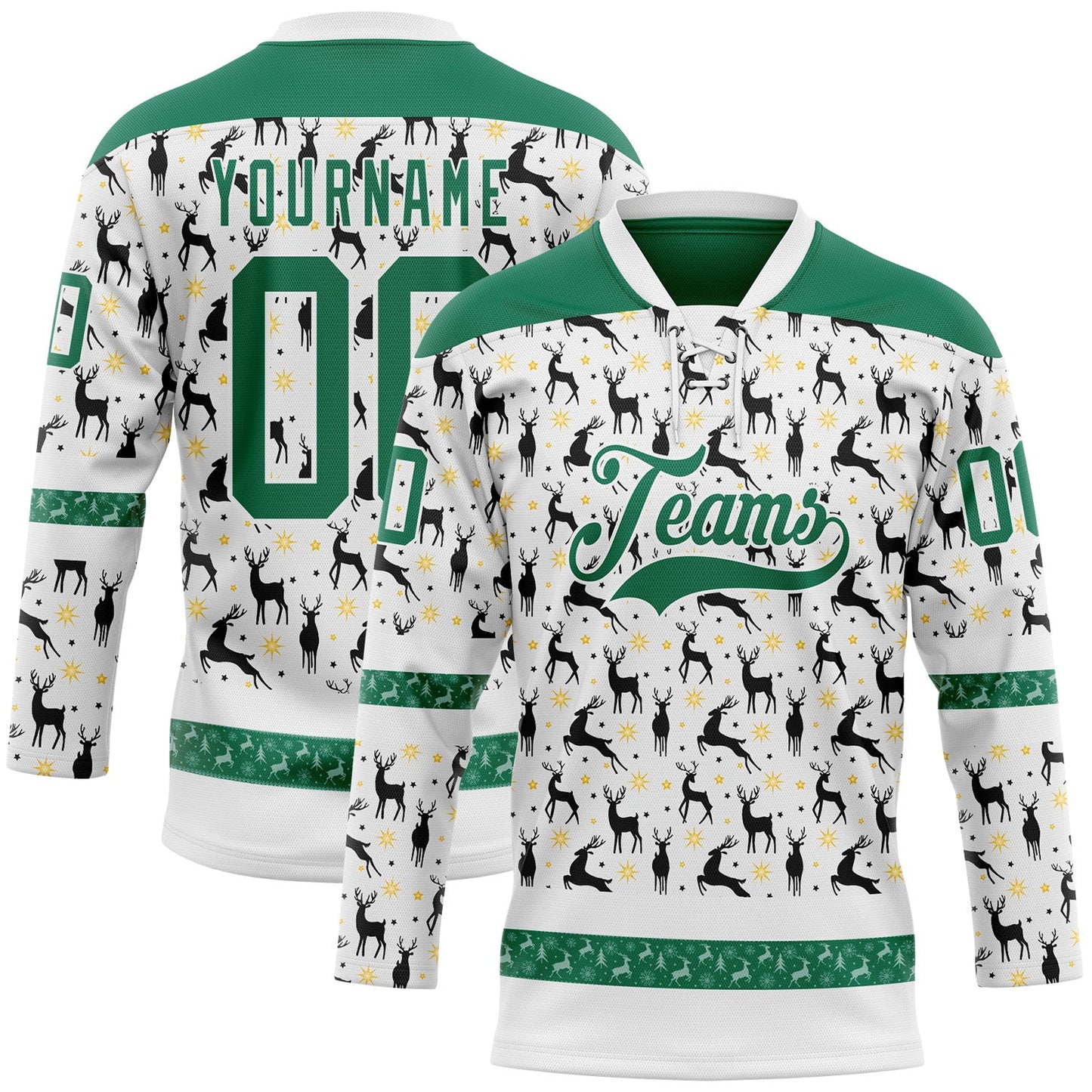 Custom White Kelly Green-White 3D Christmas Hockey Lace Neck Jersey - Main View