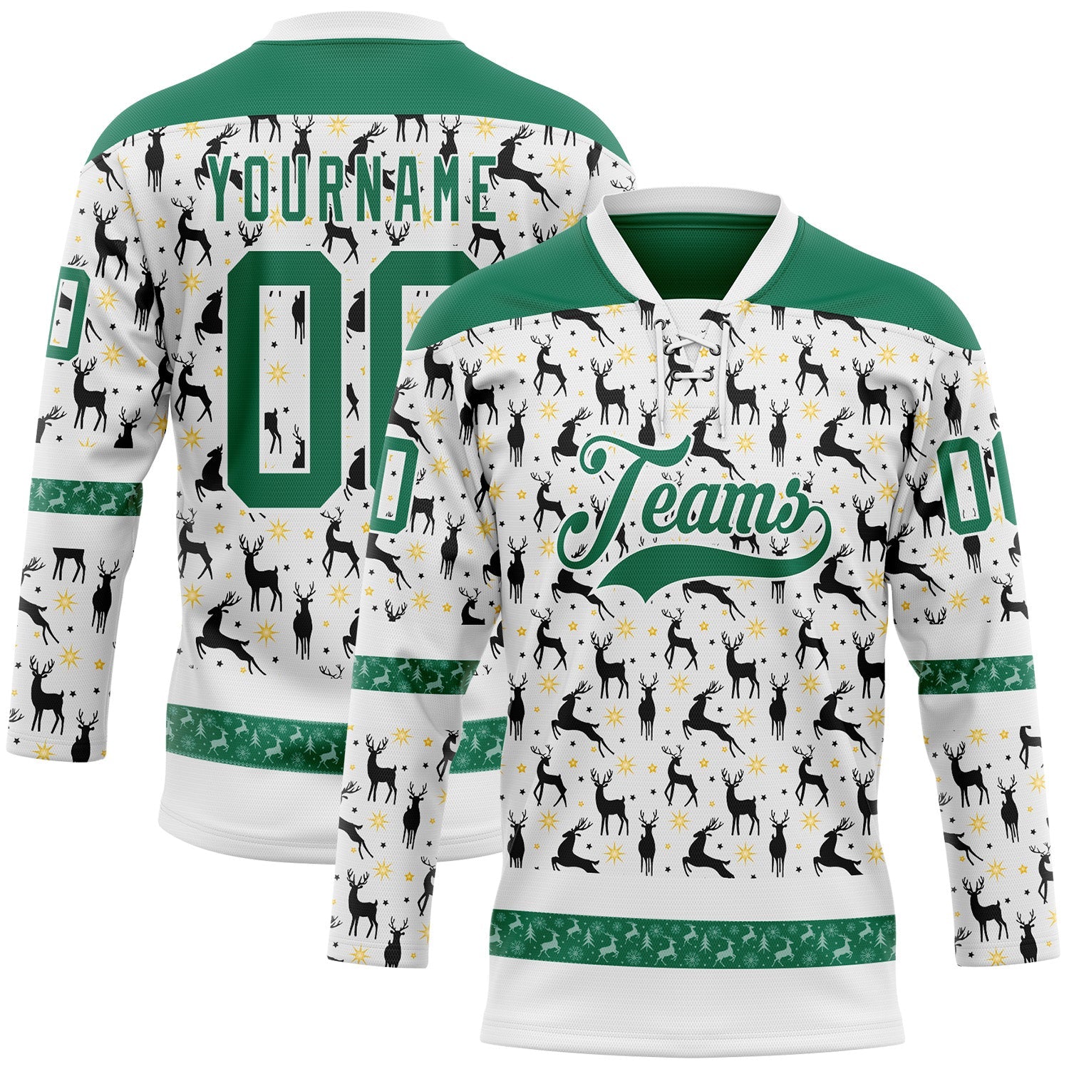 Custom White Kelly Green-White 3D Christmas Hockey Lace Neck Jersey - Main View