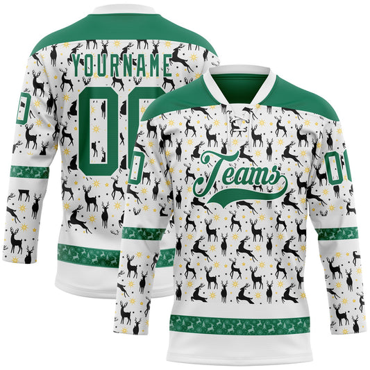 Custom White Kelly Green-White 3D Christmas Hockey Lace Neck Jersey - Main View
