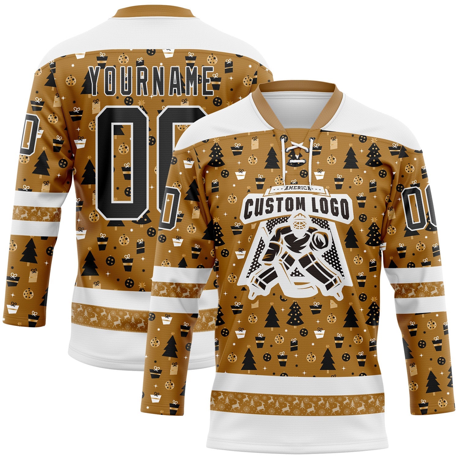 Custom Old Gold Black-White 3D Christmas Hockey Lace Neck Jersey view 2