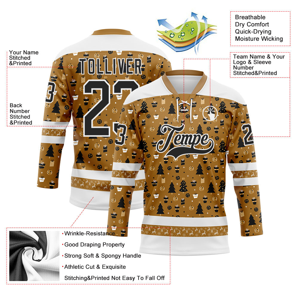 Custom Old Gold Black-White 3D Christmas Hockey Lace Neck Jersey view 3