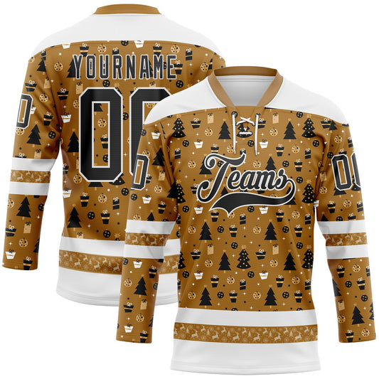 Custom Old Gold Black-White 3D Christmas Hockey Lace Neck Jersey - Main View