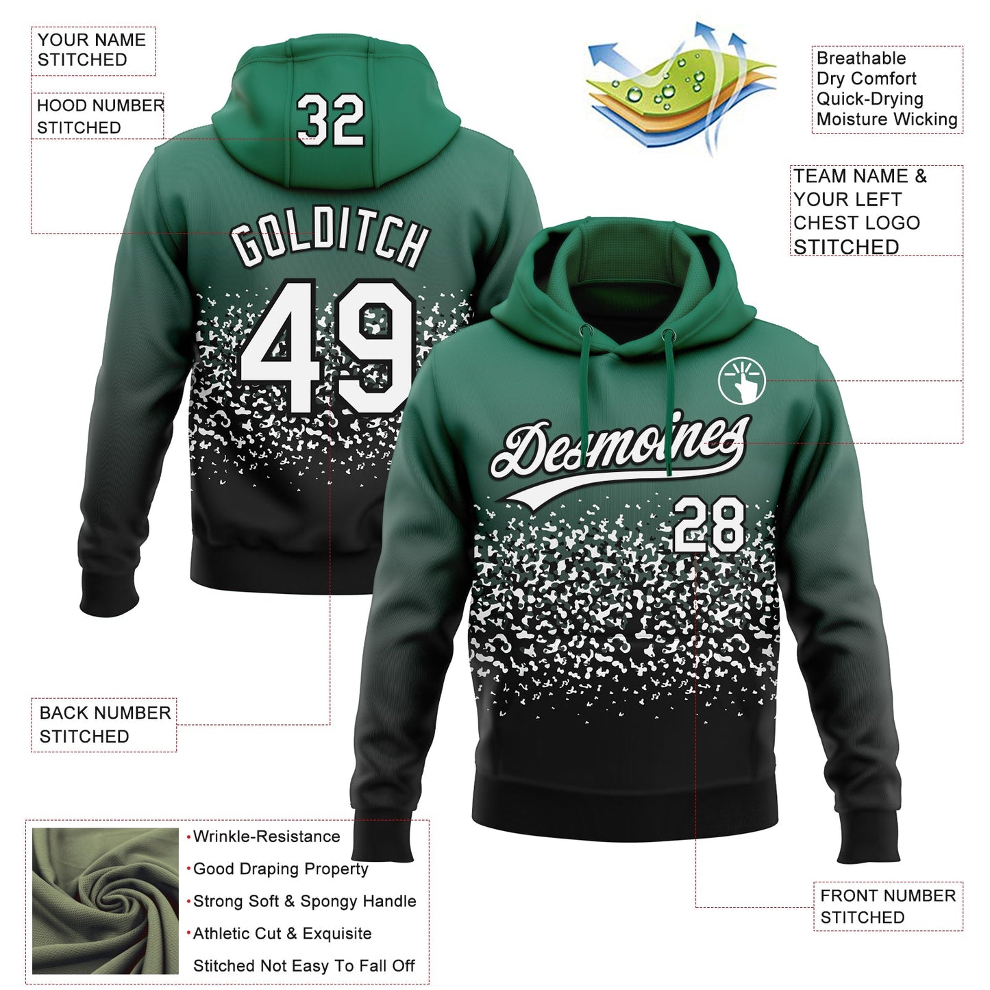 Custom Stitched Kelly Green White-Black 3D Pattern Design Abstract Shape Sports Pullover Sweatshirt Hoodie view 2