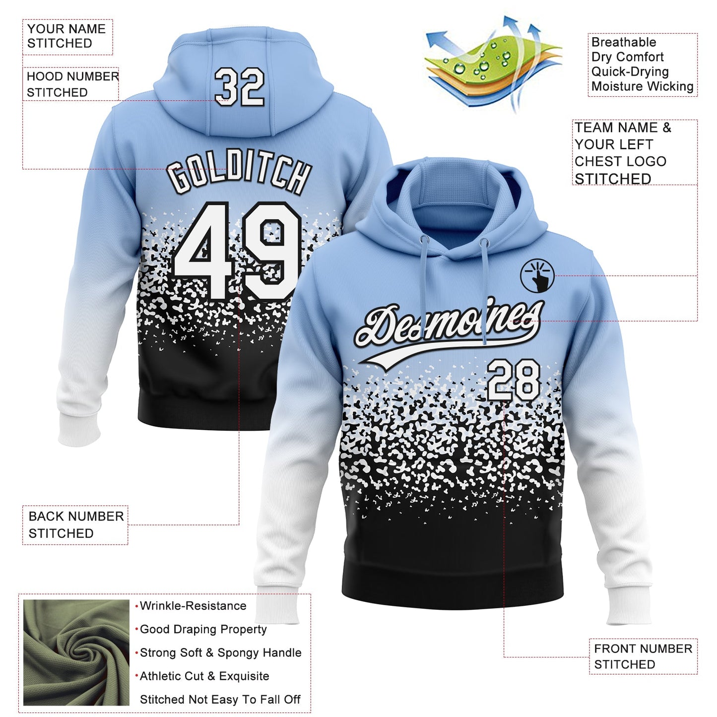 Custom Stitched Light Blue White-Black 3D Pattern Design Abstract Shape Sports Pullover Sweatshirt Hoodie view 2