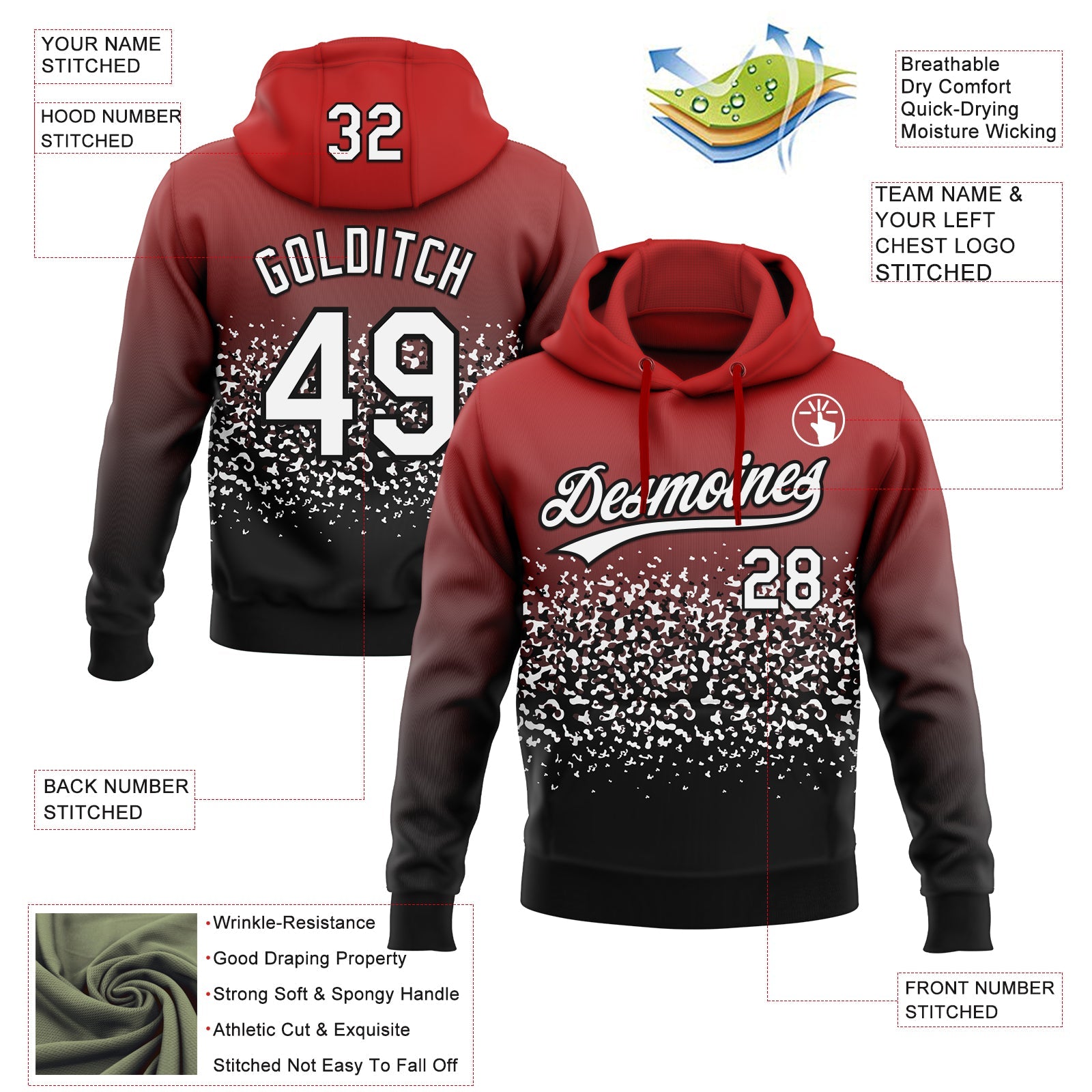 Custom Stitched Red White-Black 3D Pattern Design Abstract Shape Sports Pullover Sweatshirt Hoodie view 2
