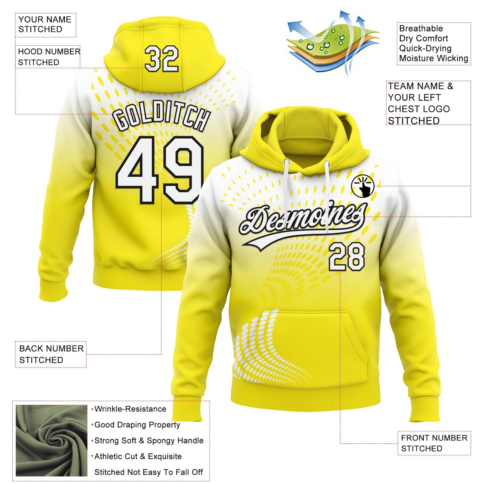 Custom Stitched Light Yellow White-Black 3D Pattern Design Geometrico Graph Sports Pullover Sweatshirt Hoodie view 2