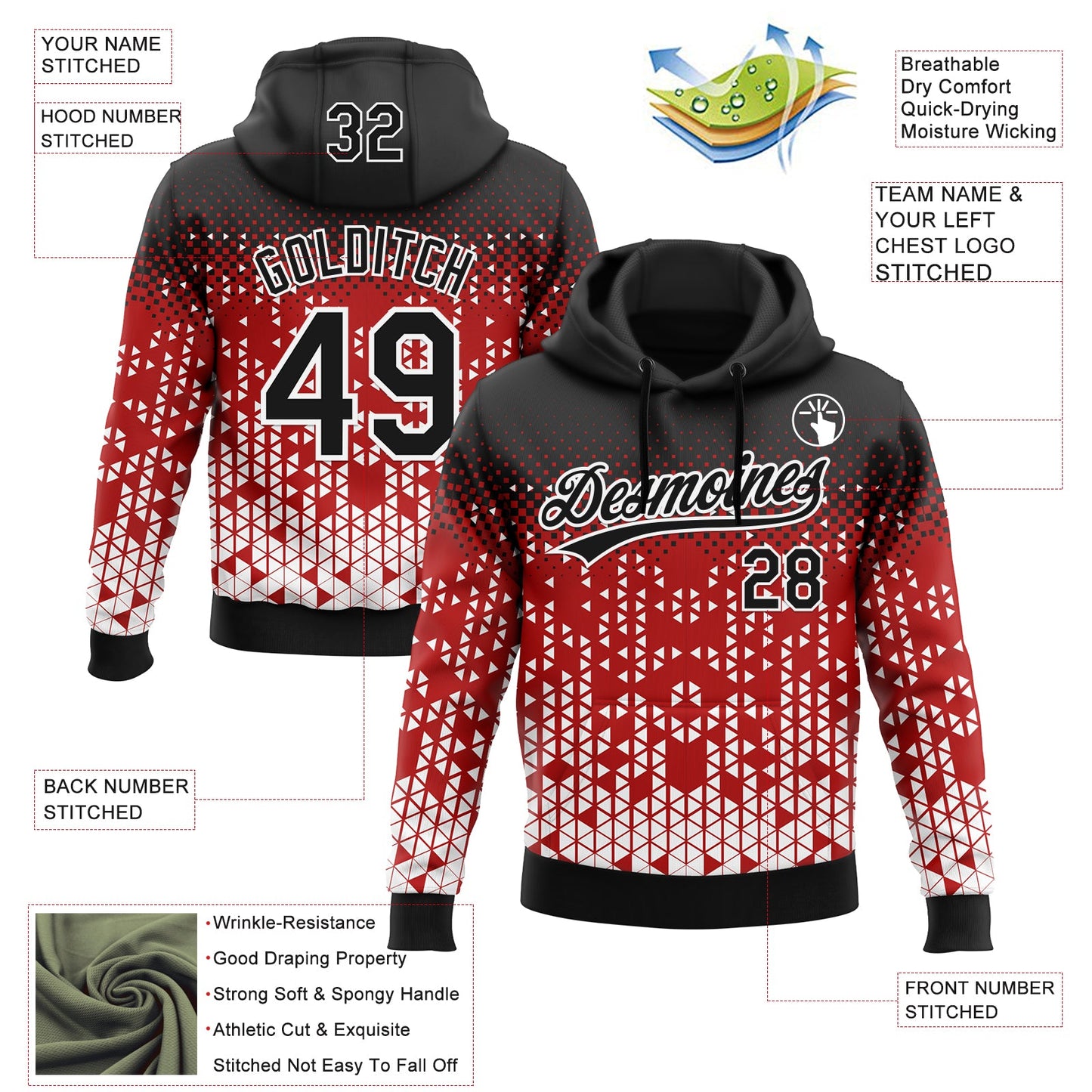 Custom Stitched Red Black-White 3D Pattern Design Geometrico Graph Sports Pullover Sweatshirt Hoodie view 2